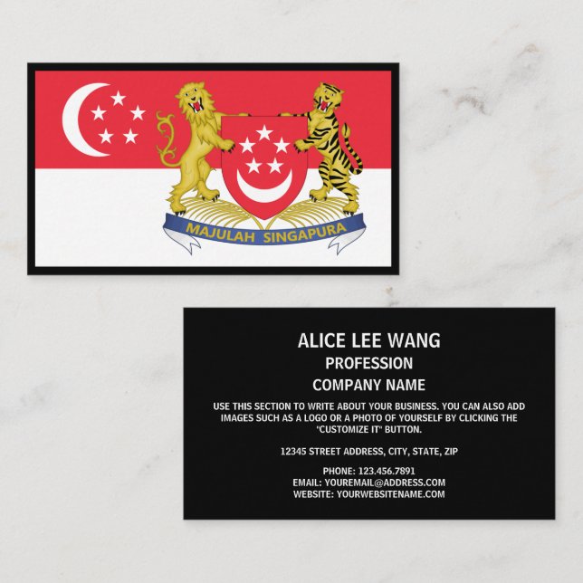 Carte De Visite Drapeau singapourien et armoiries, Drapeau de Sing (Devant / Derrière)