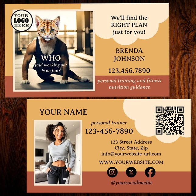 Carte De Visite Drôle Fitness Health Personal Trainer (Funny business card for a fitness instructor in terra cotta colors with QR code template and photo)
