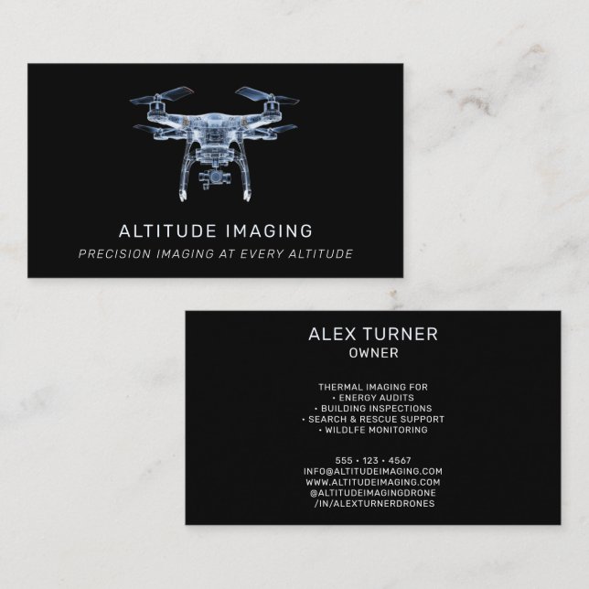 Carte De Visite Drone Pilote UAV Photographie Professionnel Noir (Devant / Derrière)
