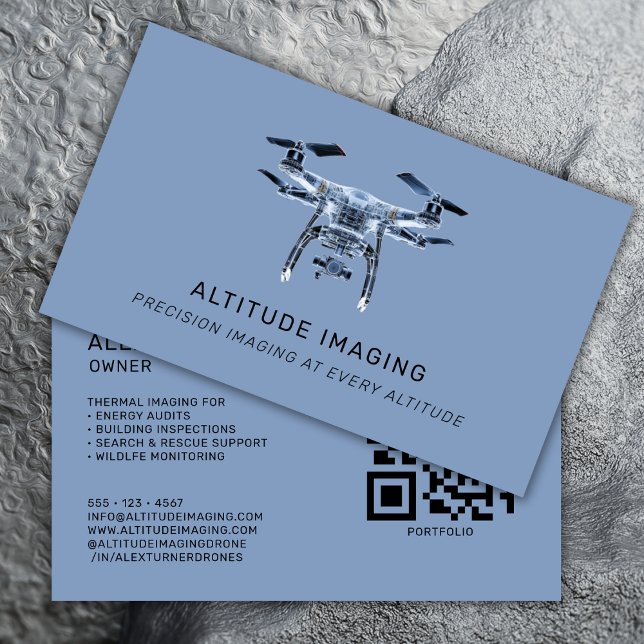 Carte De Visite Drone UAV Pilot Photographie QR Code moderne bleu (Créateur téléchargé)