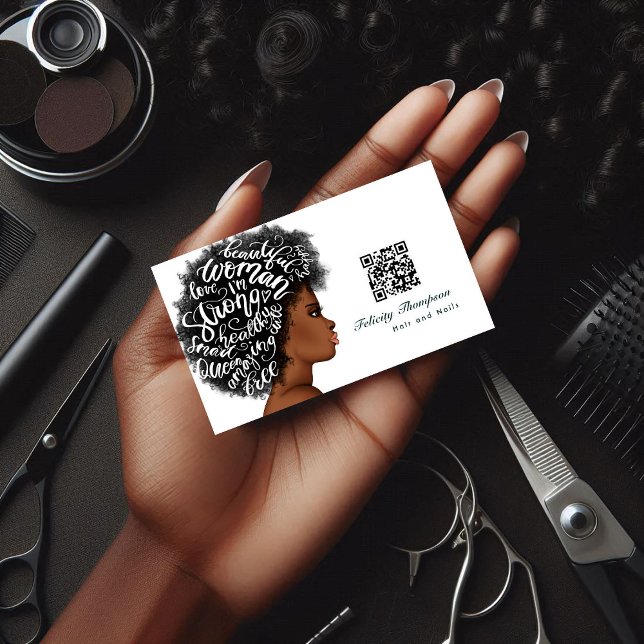 Carte de visite du code QR de Coiffeur afro-améric (Hair Stylist Business Card)