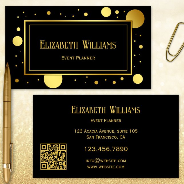 Carte de visite du planificateur d'événements Blac (Business card featuring a black and gold printed confetti design. Beautiful for an event planner)