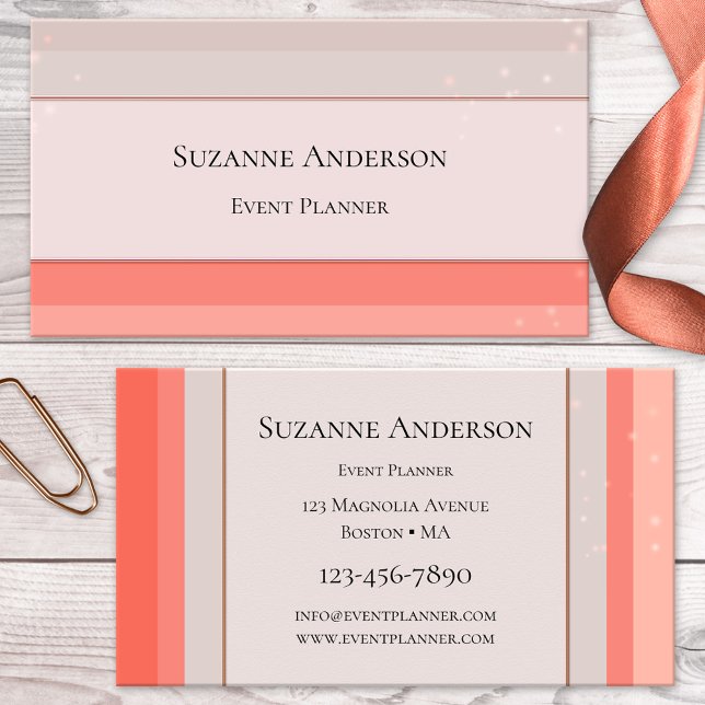 Carte de visite du planificateur d'événements Cora (Elegant business card featuring a modern striped design in coral and peach with light sparkles)