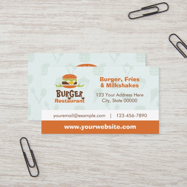 Carte de visite du restaurant Burger (Devant/Arrière en situation)