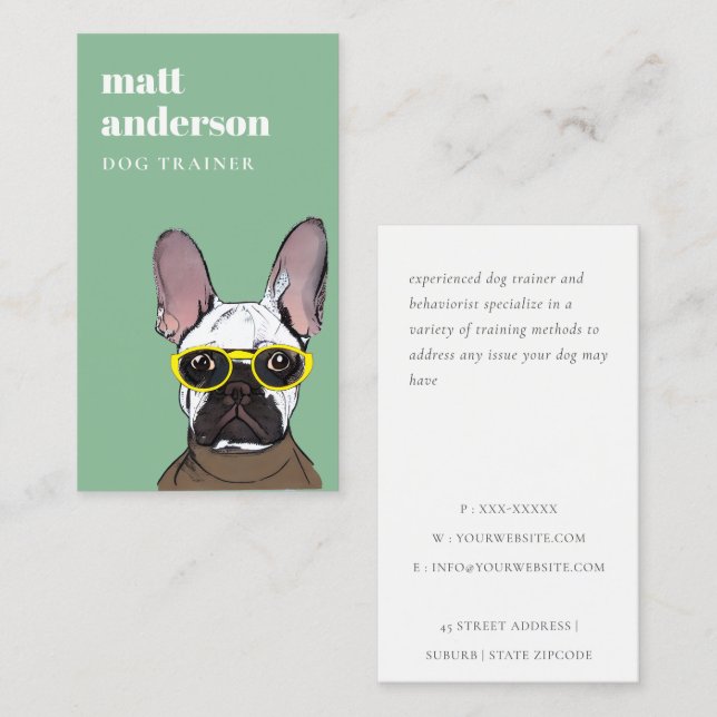 Carte De Visite Dusky Green Retro Blue Français Bulldog Trainer (Devant / Derrière)