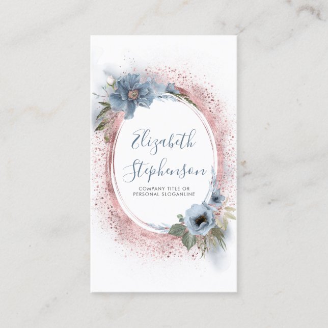 Carte De Visite Dusty Blue et Rose Gold Parties scintillant Floral (Devant)