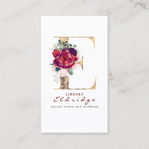 Carte De Visite E Monogramme Bourgogne Fleurs rouges et Faux Gold