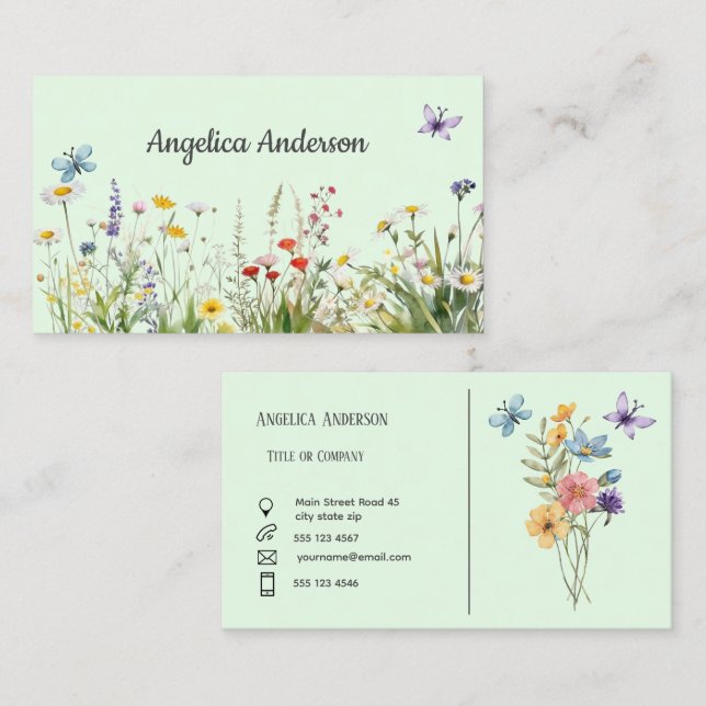 Carte De Visite Eau vert clair feminine Fleur sauvage prairie (Devant / Derrière)