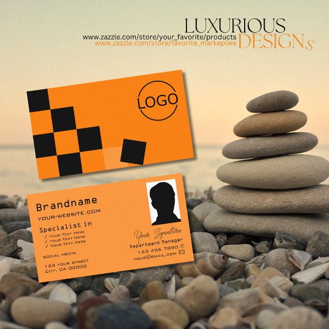 Carte De Visite Echecboard orange et noir avec logo & Photo Chic (Créateur téléchargé)
