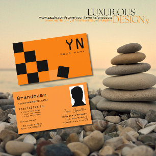 Carte De Visite Echecboard orange et noir avec Monogram & Photo