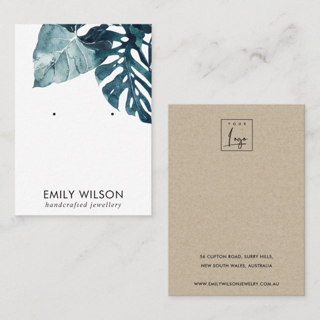 CARTE DE VISITE ÉCRAN TROPICAL BLUE MOSTERA FAUNA STUD EARRÊT (Devant / Derrière)