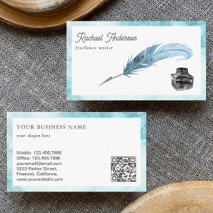 Carte De Visite Écrivain de code QR de plume de Feather Blue Vinta
