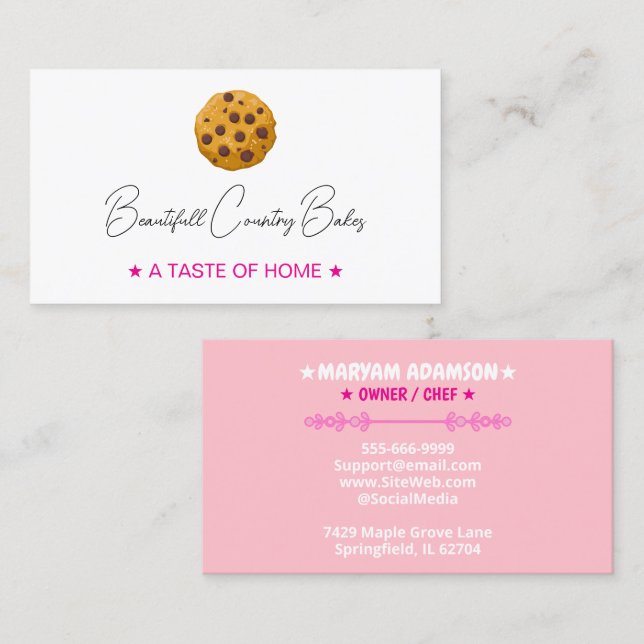 Carte De Visite Editable Cookie Logo | White Pink Bakery (Devant / Derrière)