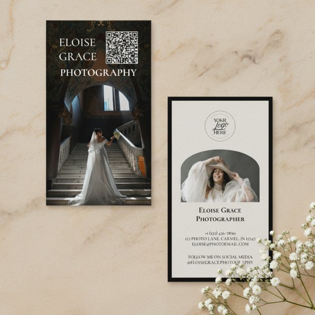 Carte De Visite Editorial Photo Logo QR Code Business Card (Market your photography business in style with this editorial business card!)