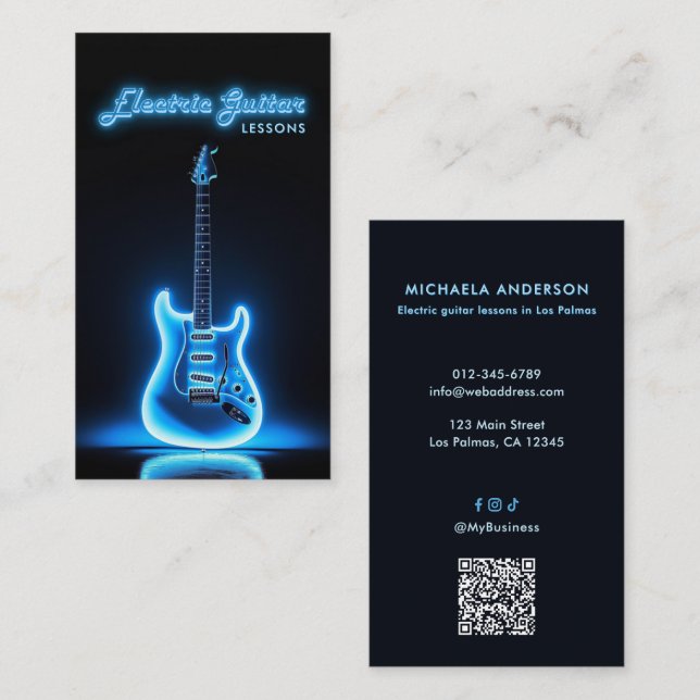 Carte De Visite Electric Guitar Teacher QR Code & Social Media (Devant / Derrière)