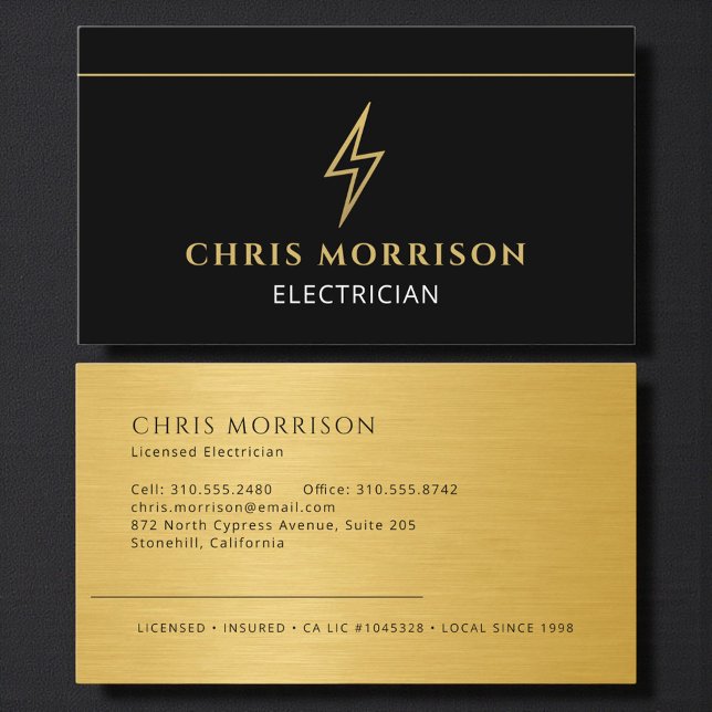 Carte De Visite Electrician Black Gold Metallic Contractor (Créateur téléchargé)