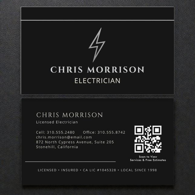 Carte De Visite Electrician Black & Silver Professional QR Code (Créateur téléchargé)