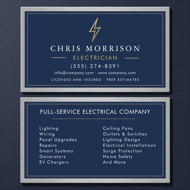 Carte De Visite Electrician Electrical Contractor Metal Navy Blue (Créateur téléchargé)