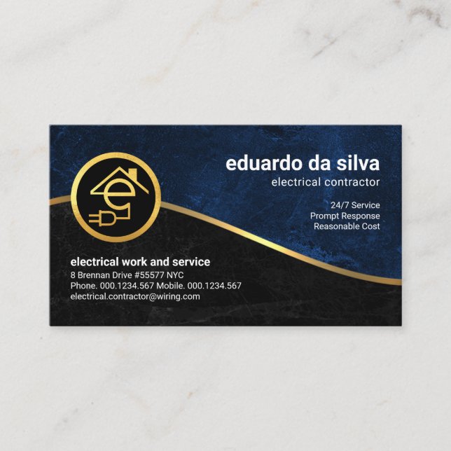 Carte De Visite Électricien Blue Black Grunge Gold Wave (Devant)