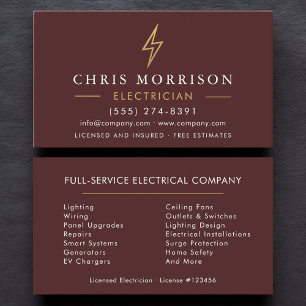 Carte De Visite Électricien Moderne Bordeaux Or Minimaliste