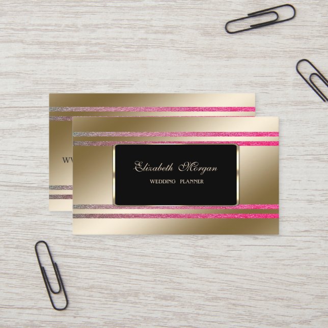 Carte De Visite Elegan, Black Frame Faux Gold Glittery Stripes (Devant/Arrière en situation)
