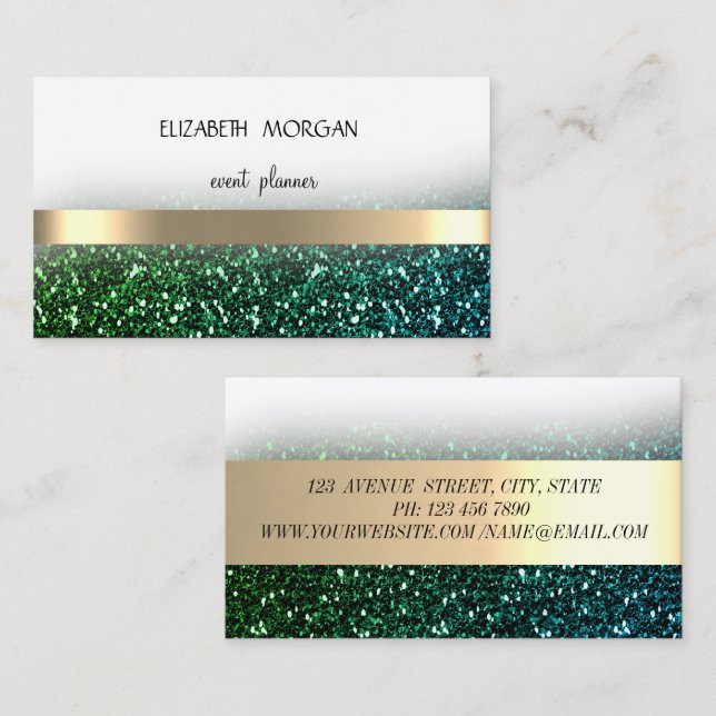 Carte De Visite Elegan moderne Green Glittery Bokeh, Gold Stripes (Devant / Derrière)