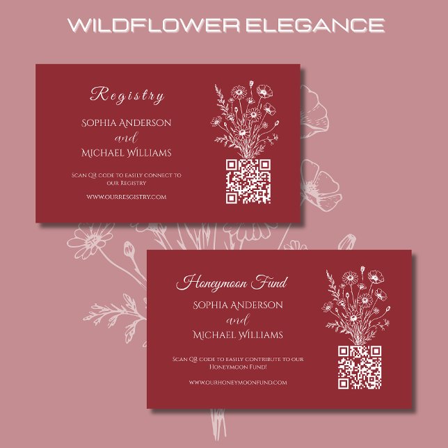 Carte De Visite Élégance fleur sauvage-Registre-Lune de miel (Wildflower Elegance Wedding Registry and Honeymoon Fund-Red-Rustic, country, bohemian, boho, elegant)
