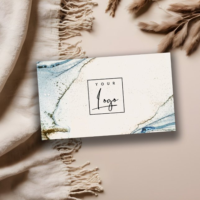 Carte De Visite Elégant Abstrait Aquarelle Logo Bleu Or Plage (Créateur téléchargé)