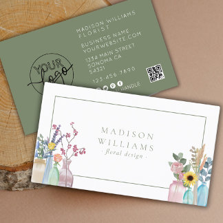 Carte De Visite Elégant aquarelle fleuriste logo QR Code