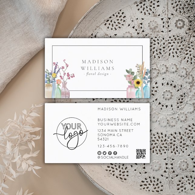 Carte De Visite Elégant aquarelle fleuriste logo QR Code (Créateur téléchargé)