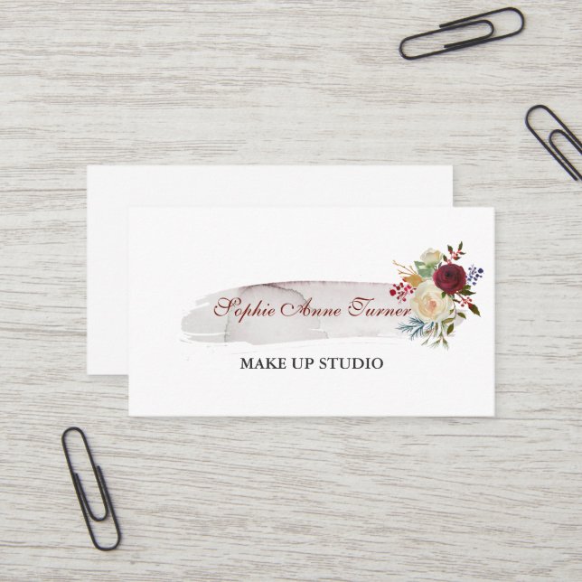 Carte De Visite Elégant aquarelle Floral Bourgogne Professionnel (Devant/Arrière en situation)