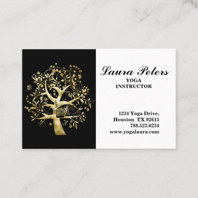 Carte De Visite Elégant Arbre De Vie Yoga Instructeur Black Gold (Devant)