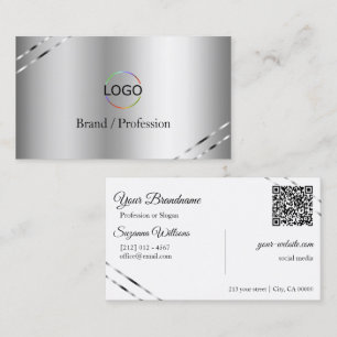 Carte De Visite Élégant Argent avec Logo et Code QR à Lignes Brill
