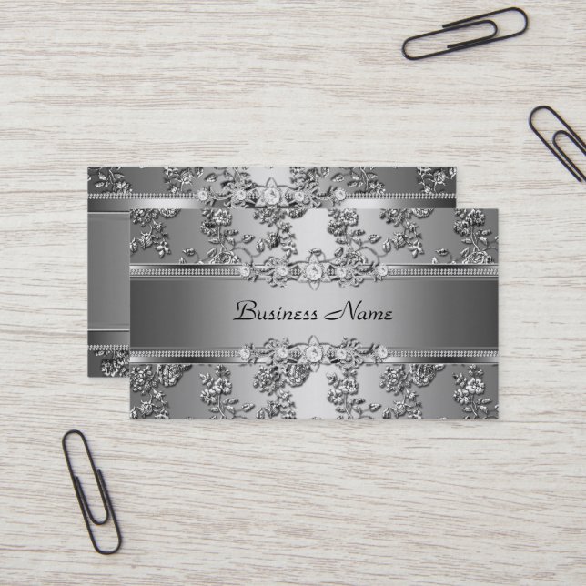 Carte De Visite Élégant Argent Classé Embossé Diamant Image (Devant/Arrière en situation)