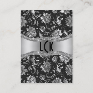 Carte De Visite Elégant Argent et Noir Damas Florales