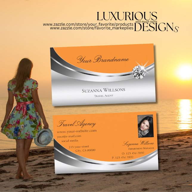 Carte De Visite Élégant Argent Orange avec Photo Sparkle Diamond (Créateur téléchargé)