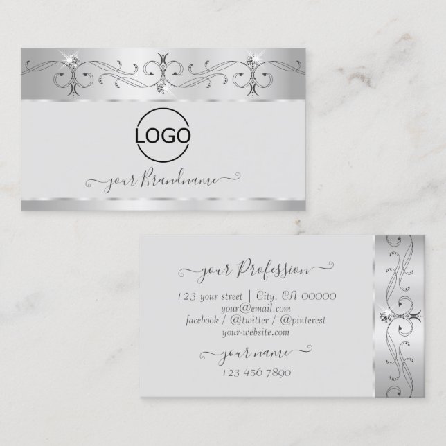 Carte De Visite Élégant Argent Orné Diamètre d'étincelle avec logo (Devant / Derrière)