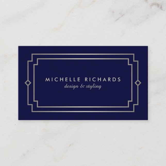 Carte De Visite Élégant Art Déco professionnel marine/argent (Devant)