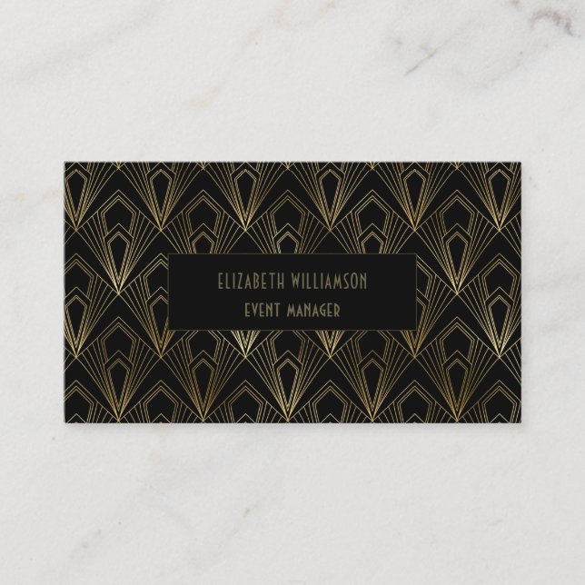Carte De Visite Élégant Art Déco Professionnel | Noir et or (Devant)