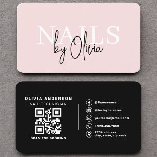 Carte De Visite Elégant artiste ongle noir noir rose QR Code