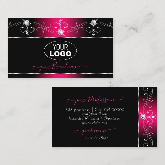 Carte De Visite Élégant bijoux à étincelles rose noire avec logo (Devant / Derrière)