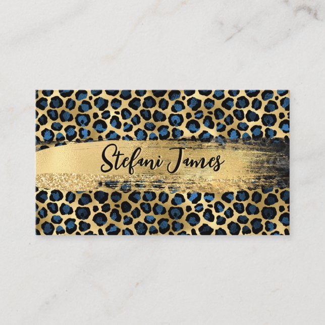 Carte De Visite Élégant Black Blue Gold Foil Leopard Brush Stroke (Devant)