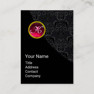 CARTE DE VISITE ÉLÉGANT BLACK DAMASK ROSE RUBY MONOGRAMME EN PIERR
