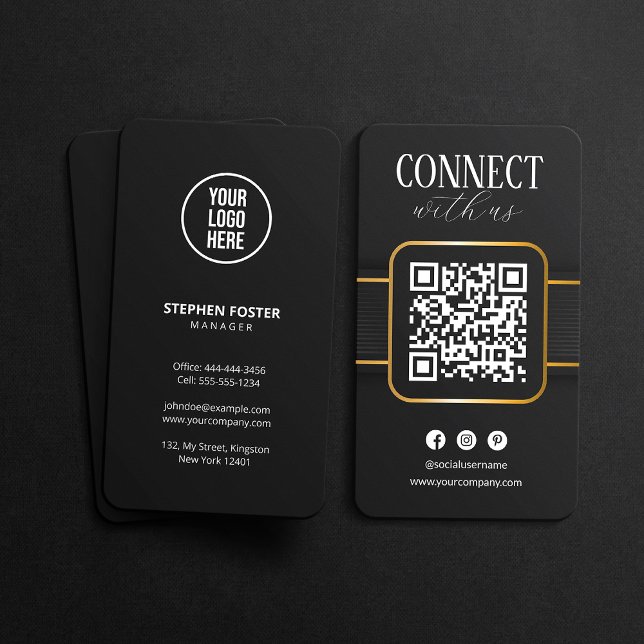 Carte De Visite Élégant Black Gold Connect avec nous QR Code socia (Créateur téléchargé)