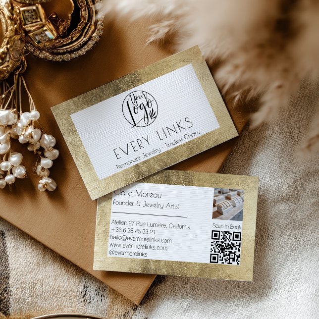 Carte De Visite Elégant Black Gold Permanent Jewelry QR Code (Elegant Black Gold Permanent Jewelry QR Code Business Card)