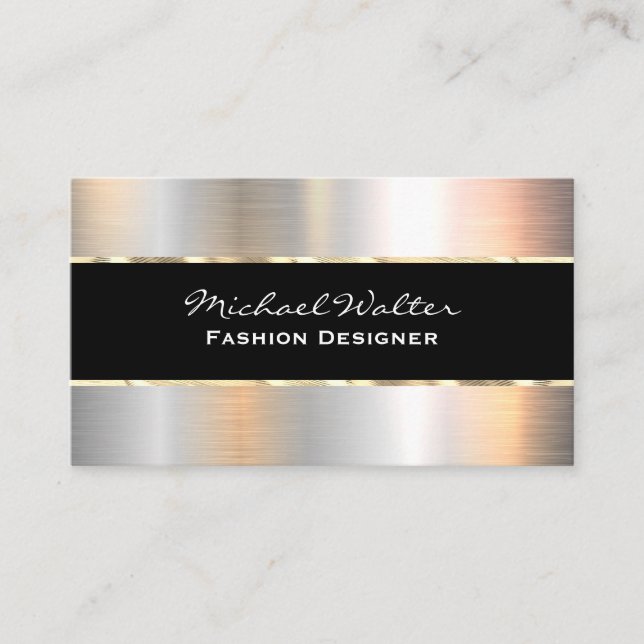 Carte De Visite Elégant Black Gold Trim Silver Metallic (Devant)
