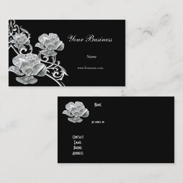 Carte De Visite Élégant Black Metal Argent Look Bijou Floral (Devant / Derrière)