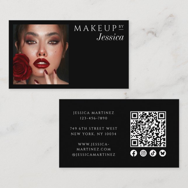 Carte De Visite Elegant Black QR Code Social Icons Photo Makeup (Devant / Derrière)
