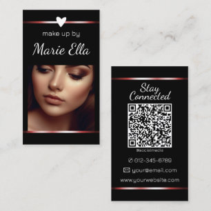 Carte De Visite Elégant Black Red Heart Photo QR Code Modèle