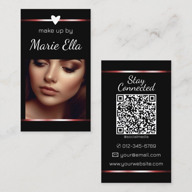 Carte De Visite Elégant Black Red Heart Photo QR Code Modèle (Devant / Derrière)